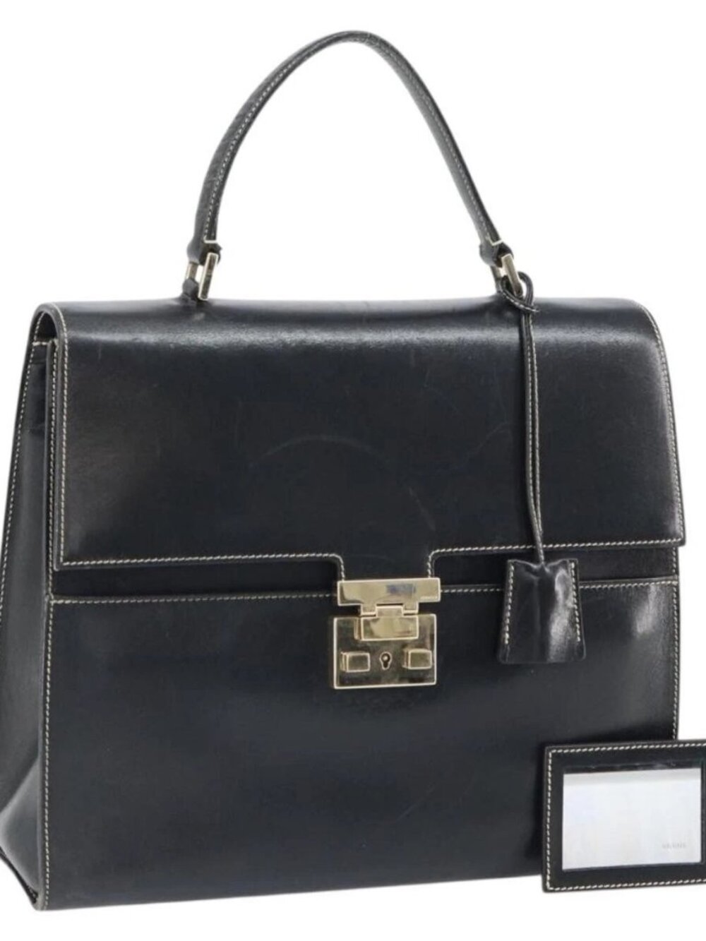GUCCI Hand Bag Leather Black Gold